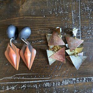 Vintage Lot of 2 Pairs Geometric Earrings Wood Metal Boho Festival Dangle MCM